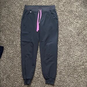 Figs Night Sky Gray High Waisted Jogger Pants with Pink Drawstring